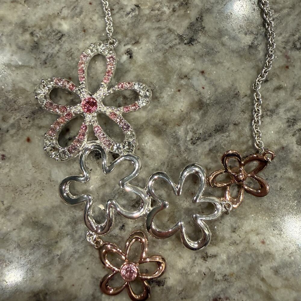Floral Mixed Metal Necklace with Pink Crystal Accents